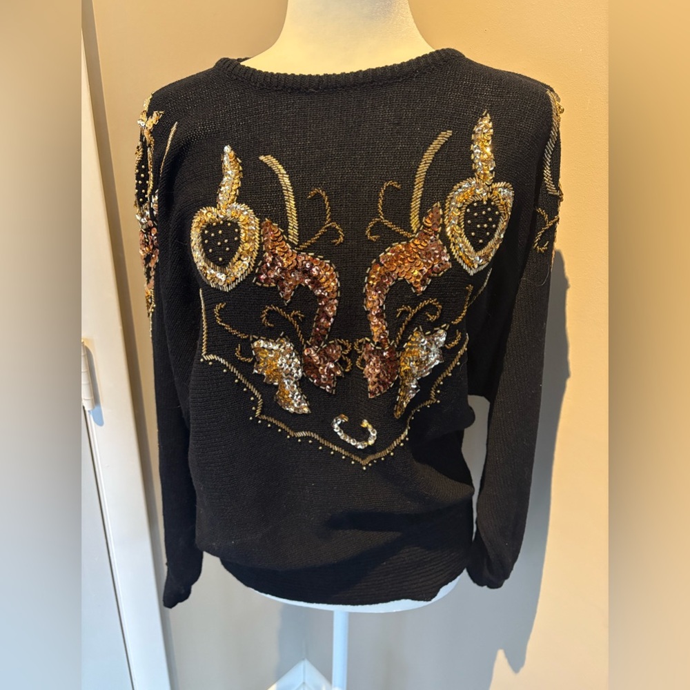 Vintage 90s JAYME PAPELL Medium Black Knit Sweater with Gold/Copper Sequins